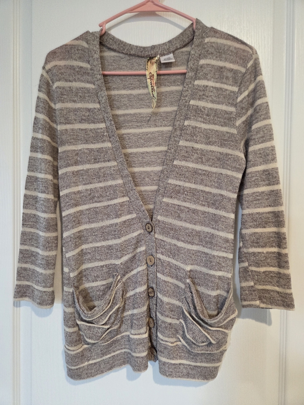 Striped V-Neck Button Cardigan Sweater - Gray & Cream